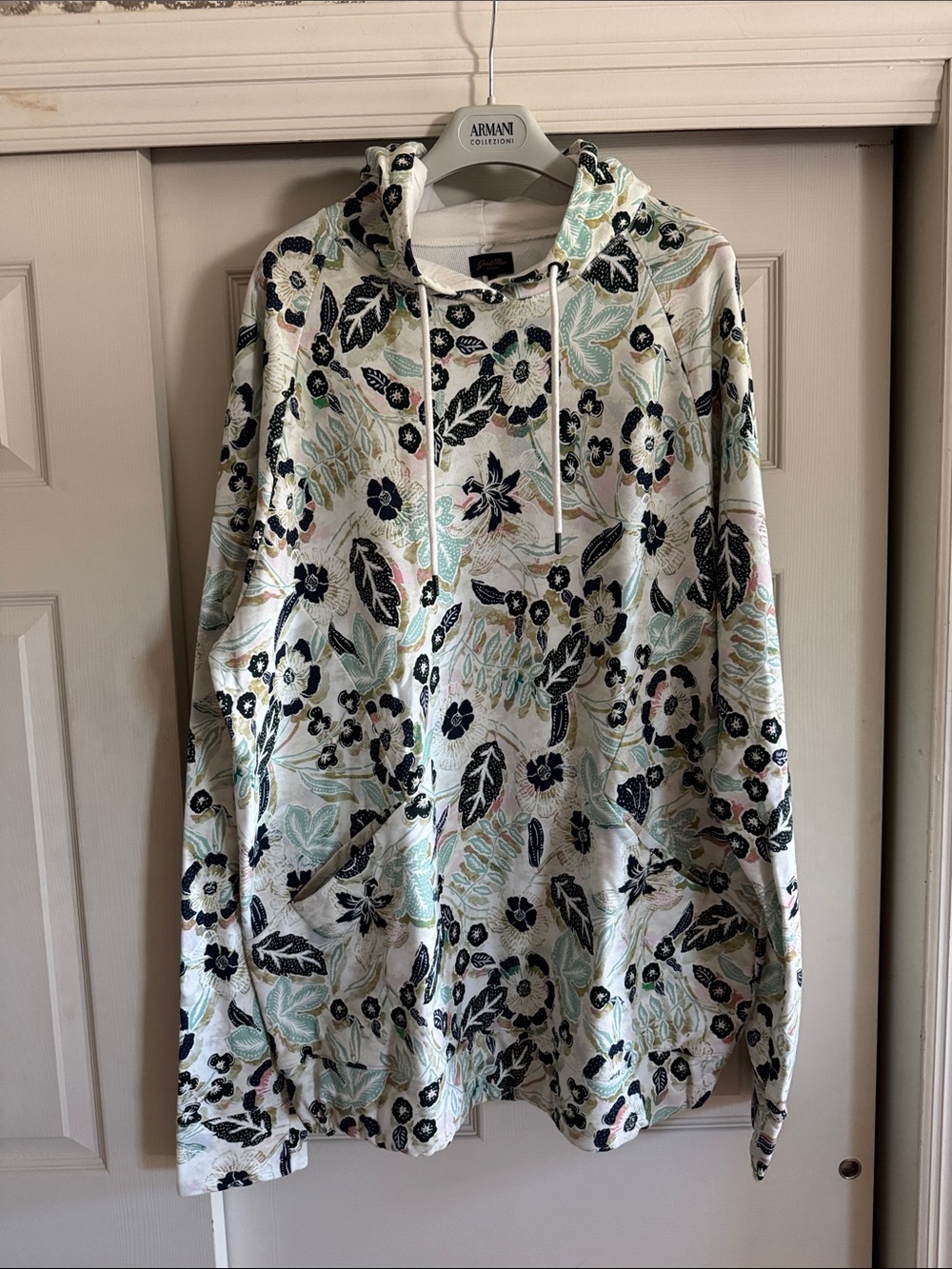 Floral Print Hooded Sweatshirt - White, Navy & Mint Accents
